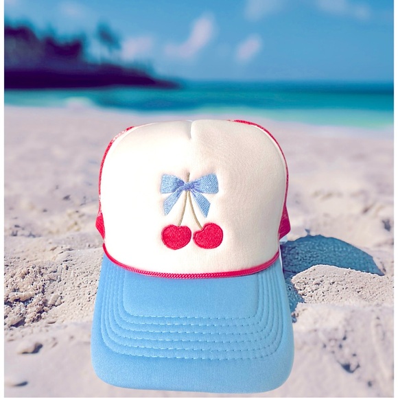 Cherries & Bow Embroidered Trucker Hat Foam Front Star Mesh Blue & Hot Pink